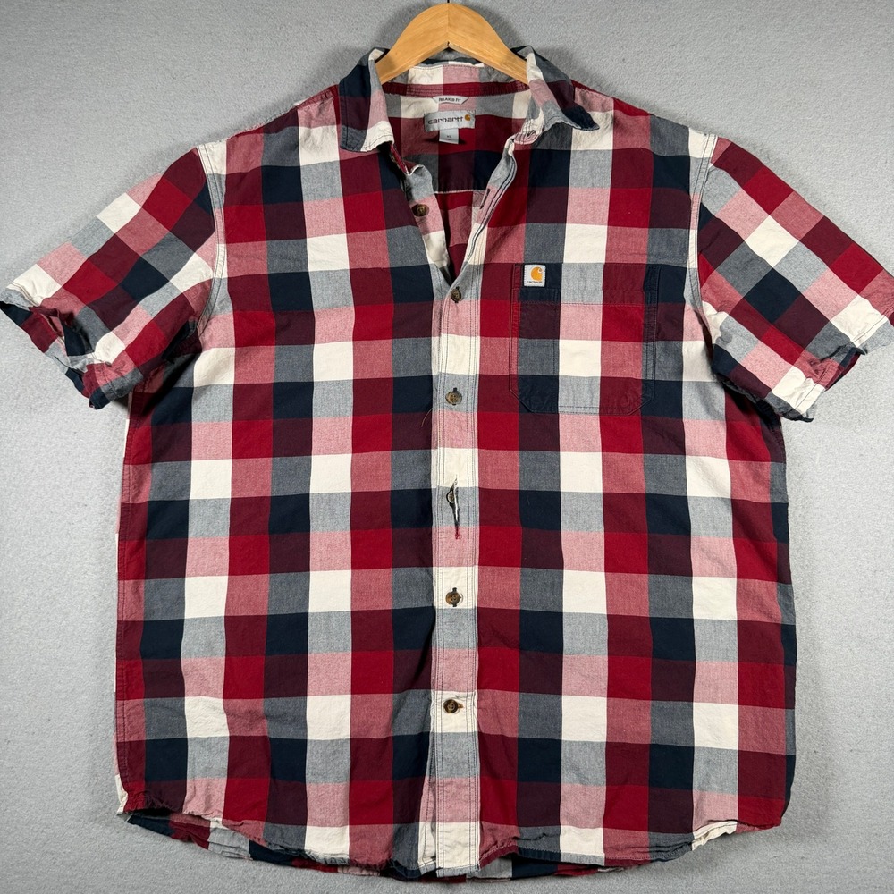 Carhartt Mens XL Relaxed Fit Plaid Short Sleeve Button Down Shirt Red 103551 639